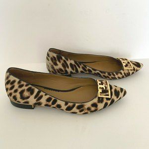 Tory Burch Gigi Leopard Calf Hair Pointy Toe Ballet Flats Size 9 Gold Logo